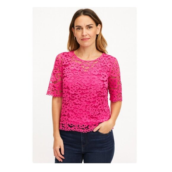 Trina Turk Shirt Womens Small Pink Lace Floral Short Sleeve Scalloped Sheer Top - Picture 1 of 4